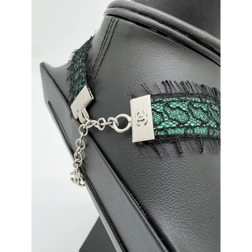 CHANEL Vintage Green Lace and Crystal Logo Choker Necklace